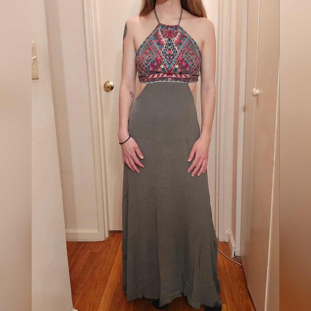 LULUS Earth Green Maxi Dress with Colorful Patterned Top Medium